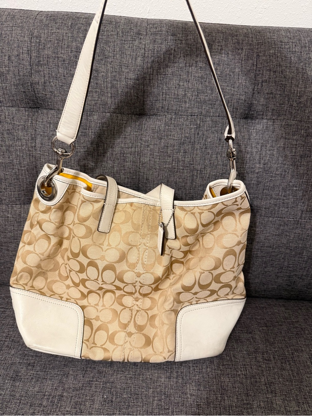 Coach Beige Signature Canvas Shoulder Bag with White Trim